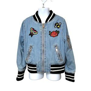 Urban Republic Girls Collection Denim Jacket 5/6 Embroidered Decals Ribbed Neck,